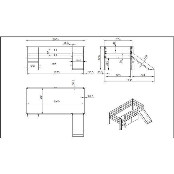 Enkeltseng - Pino- 90x200 cm - med rutsjebane