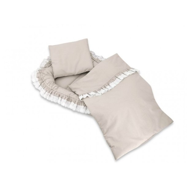 Babynest med flser og blonder - Beige